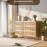 Rattan 6 Drawer Dresser for Bedroom, Large Double Dresser with Deep Drawers, Chest of Drawers for Closet with Wide Top, Long Wooden Dresser for Living Room, Hallway, Kids Room, Natural GarveeHome