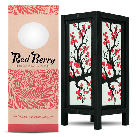 RED BERRY THAILAND LANNA LAMP Japanese Sakura/Cherry Blossom LAMP - Handmade Wood Table Lamp with Mulberry Paper Shade - Vintage Indoor Decor, 5 x 5 x 11 inches, 0.75 pounds RED BERRY THAILAND LANNA LAMP