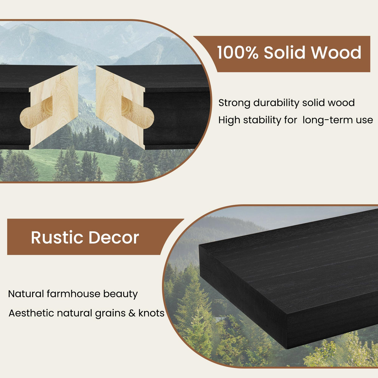 Fun Memories Floating Shelves 48 Inch Long, 9.3 Inch Deep Wall Shelf Fireplace Mantel, Rustic Farmhouse Solid Wood Shelves for Wall Decor Bathroom, Kitchen, Office, Black, Set of 1 Fun Memories