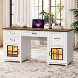 RALGEND 58" Farmhouse Executive Desk with Drawers, Wooden Home Office Desk with Power Outlet & LED Light, Computer Desk with File Drawer and Cabinet, Workspace for Study, White and Walnut RALGEND