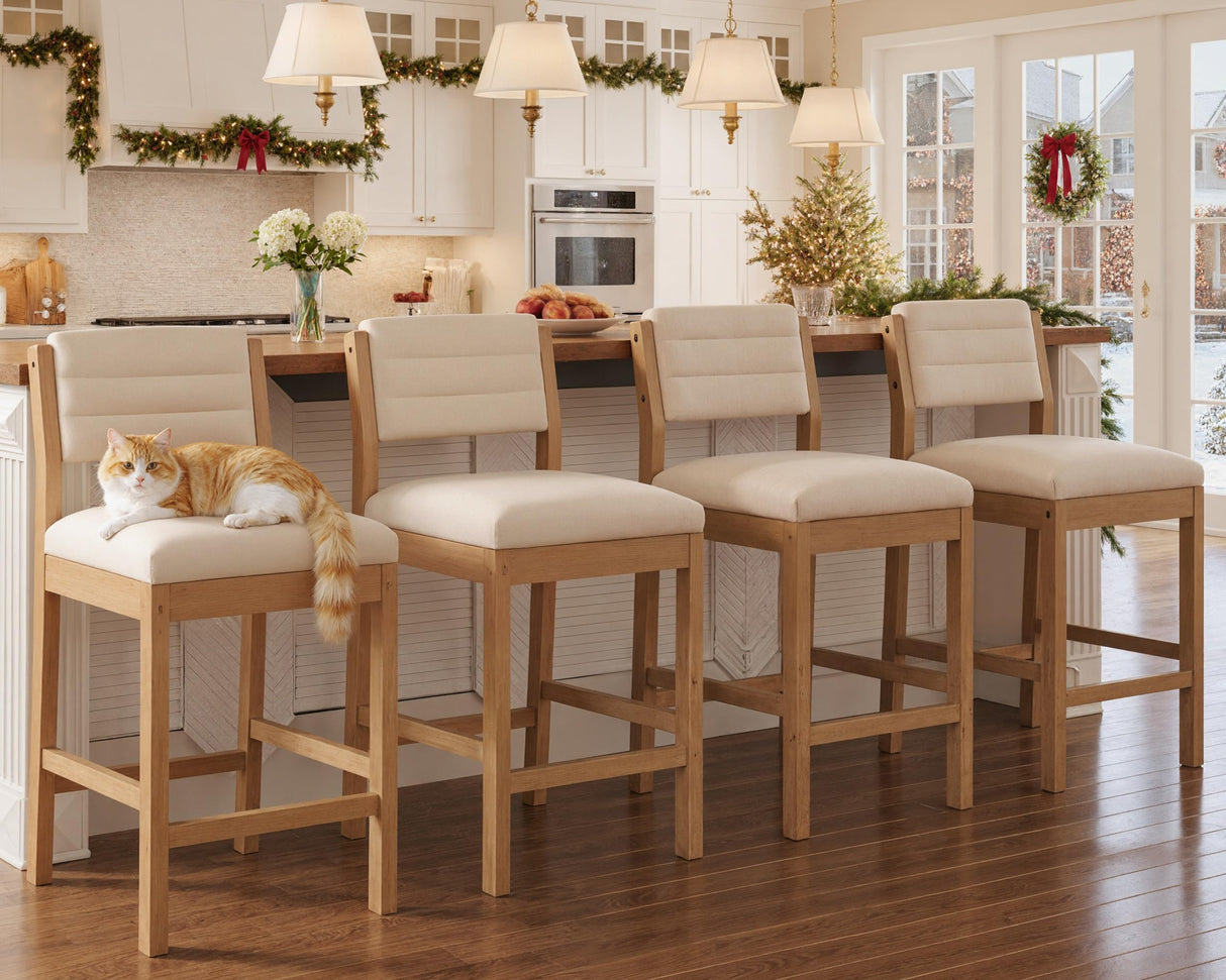 26.5'' Tall Bar Stools Set of 4 Modern Counter Stools with Backs Beige Linen Upholstered Bar Height Chairs Counter Height Island Stools with Wood Frame Farmhouse Wooden Barstools for Kitchen Island HNY