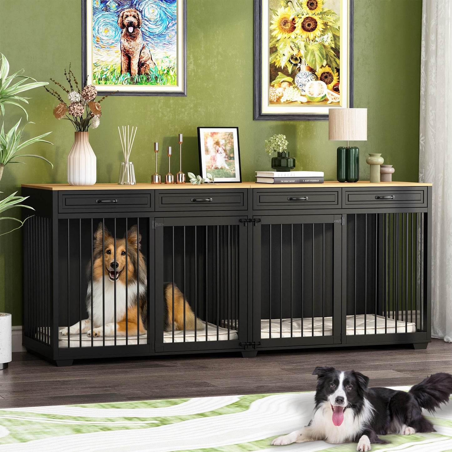 DAWNSPACES Extra Large Dog Crate Furniture, 93 Inch Heavy Duty Wooden Dog Kennel with Drawers & Removable Divider, Indoor Furniture Style Luxury Double Rooms Dog House for XL Large Dogs, Blac - WoodArtSupply