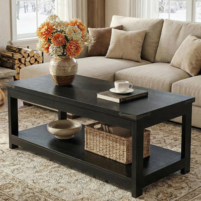 Homieasy Coffee Table with Storage Shelf, 43.3” Farmhouse Wood Coffee Tables for Living Room, Modern Center Tea Table, Black