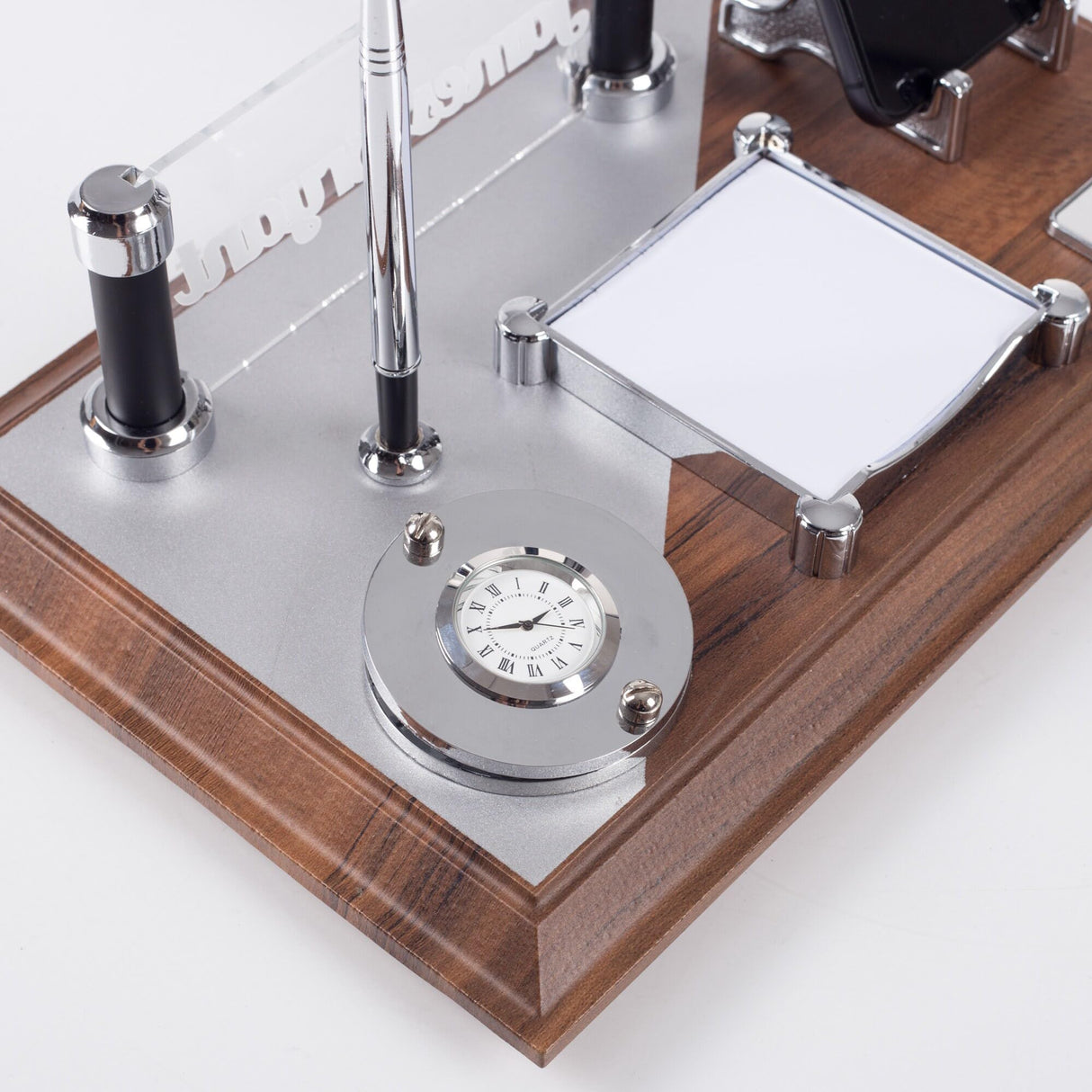 ofistike Wood Desk Name Plate Office Organizer, Solid Wooden Membrane Coating Desktop Sign with Phone Holder, Pen, Notepad and Clock ofistike