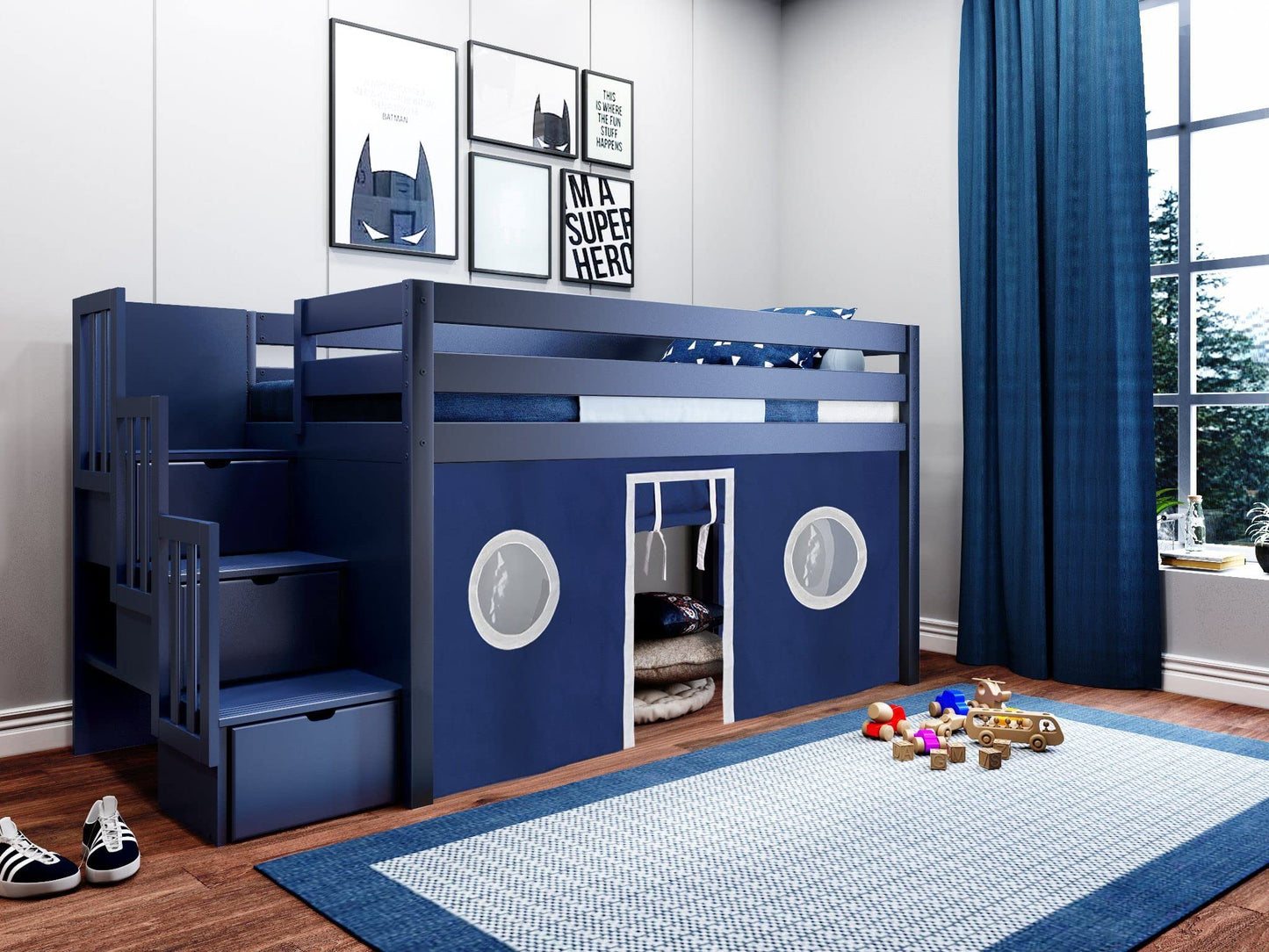 JACKPOT! Contemporary Low Loft Twin Bed with a 3 Drawer Stairway, Blue with Blue & White Tent