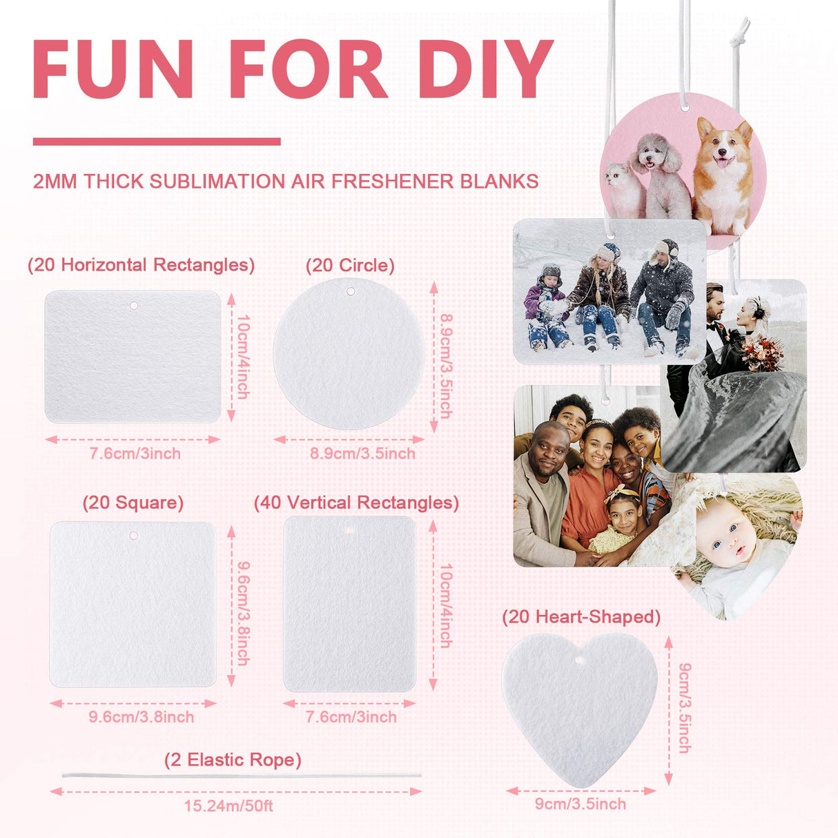 120 Pieces Sublimation Air Freshener Blanks DIY Air Freshener Sheets Blank Car Pressed Air Freshener Felt Polyester Laser Cut Blanks for Car Travel Heat Press Ornaments with Elastic Cord, 5 Styles Zonon