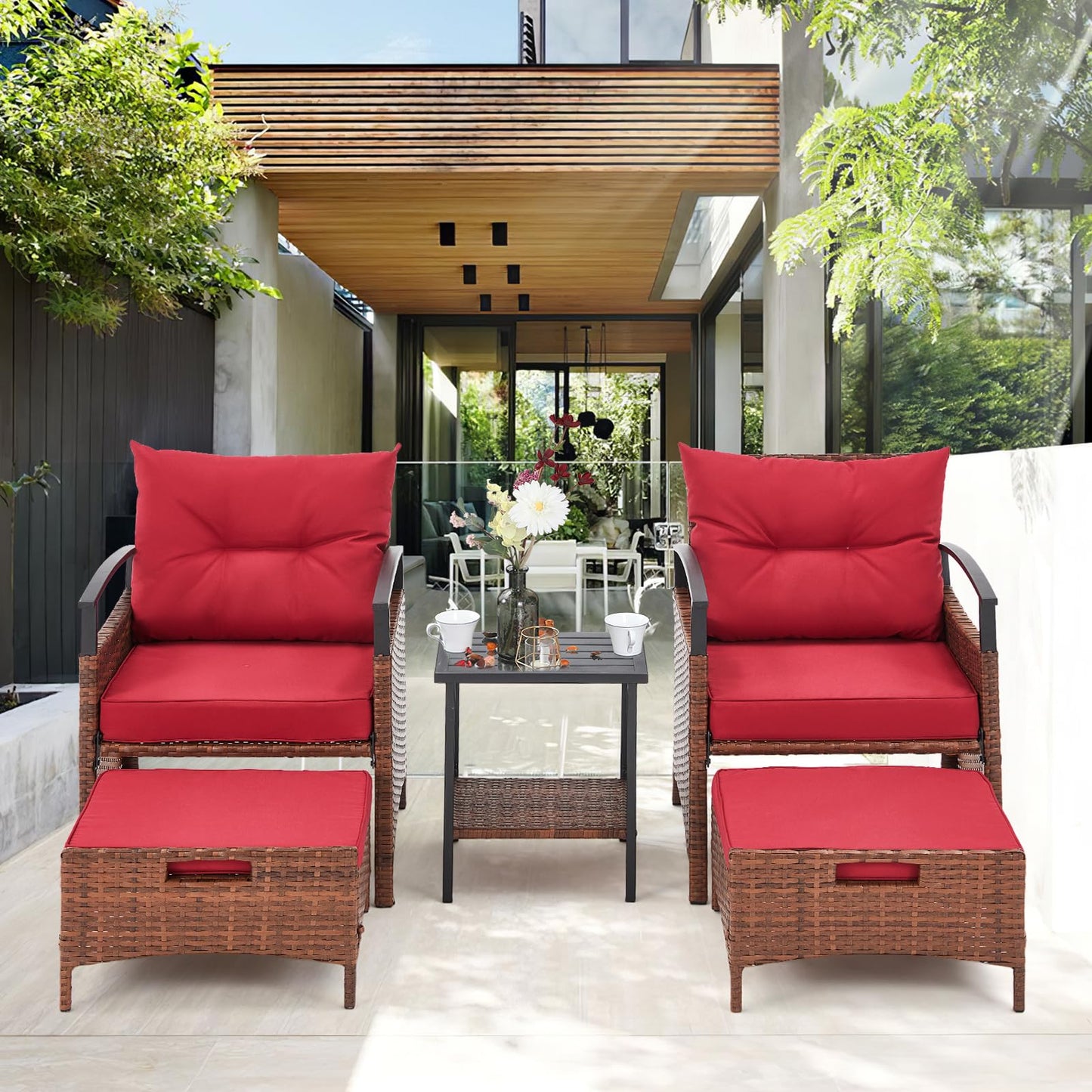 AVAWING 5 Pieces Patio Furniture Set, Outdoor Rattan Chairs with Metal Coffee Table, Ottomans & Soft Cushions, Wicker Conversation Bistro Set for Garden, Porch, Deck, Balcony (Red) - WoodArtSupply