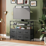 WLIVE Black TV Stand for 40, 45 inch TV, Entertainment Center with LED Lights & Charging Station, TV Media Console Table with 6 Fabric Drawers and Open Shelves for Living Room, Hallway, Wood Top WLIVE