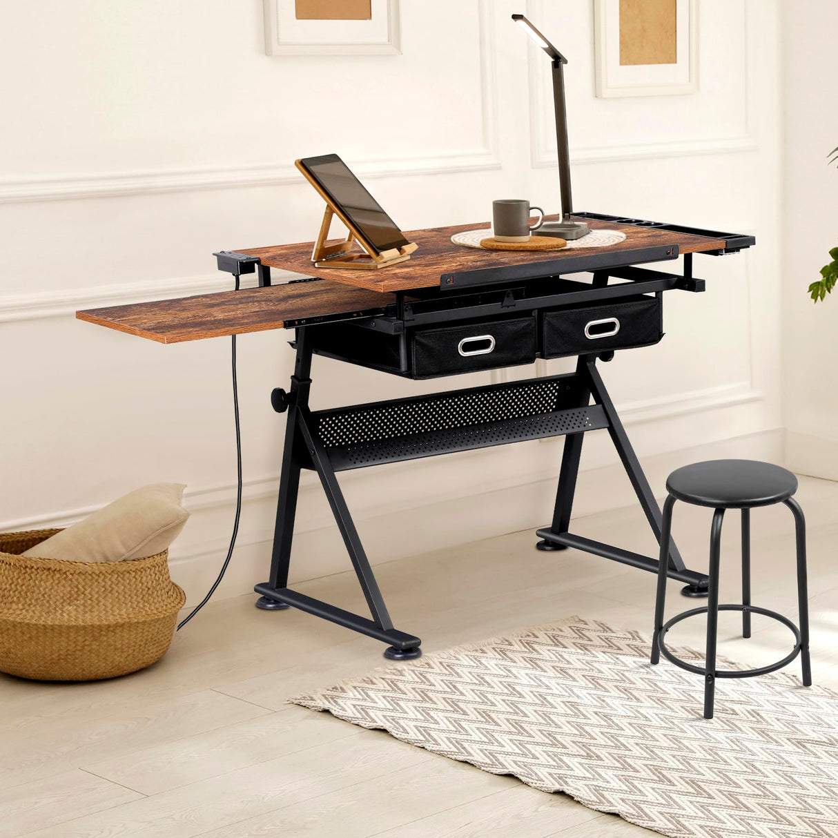 ZENY Adjustable Drafting Table with Stool, Tilting Drawing Desk Artist Table with Storage Drawers, Art Craft Workstation for Home Office Reading, Writing, Crafting ZENY