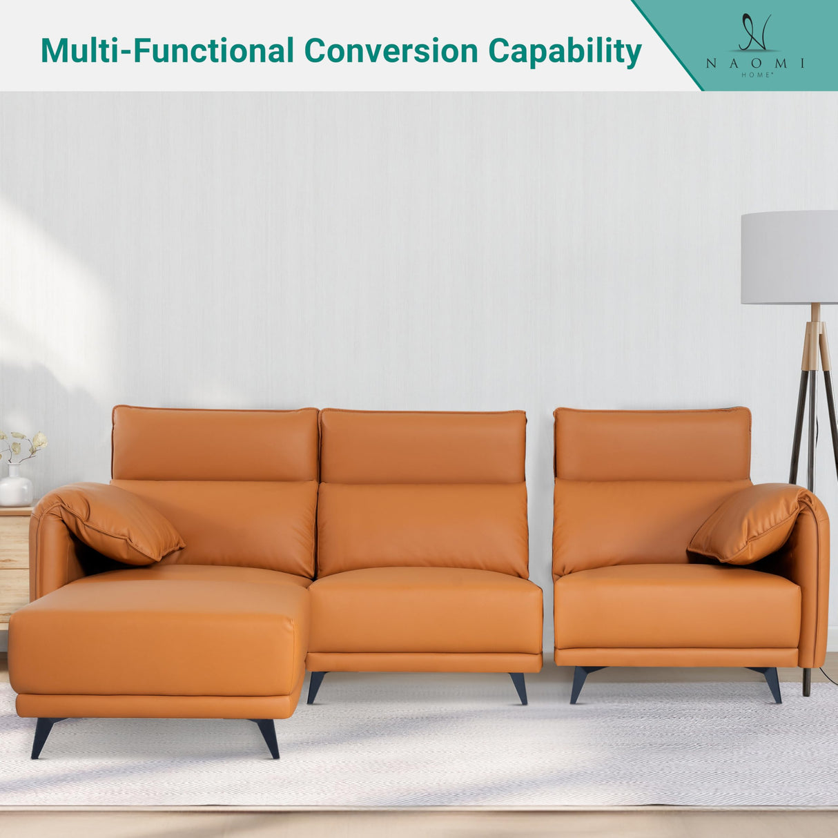 Naomi Home High Back Sectional Sofa, Oversized L-Shaped 4 Piece Modular Sectional with Ottoman, Convertible Couch with Headrests and Armrest Pillows for Living Room or Apartment, Caramel Naomi Home