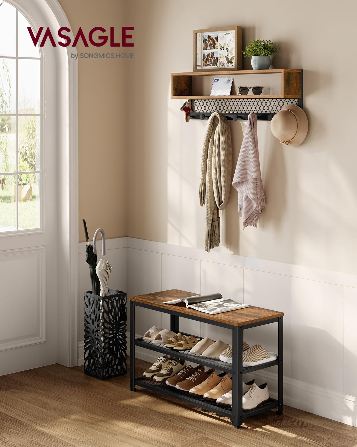 VASAGLE Coat Rack Shoe Bench Set, Hall Tree with Bench, Entryway Furniture, Multifunctional, Dot Coat Hooks, 2-Tier Shoe Rack, Industrial Style, for Entryway, Hallway, Rustic Brown ULCR073K01 VASAGLE