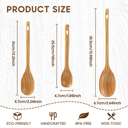 FJNATINH 3PCS Wooden Spoons, Long Handle Wooden Cooking Spoon Nonstick Kitchen Mixing Spoon Serving Spoon| 14-Inch, 12-Inch, 10-Inch | Kitchen Utensil Set Housewarming Gifts