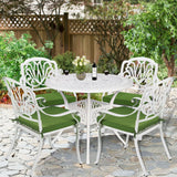W WARMHOL 5-Piece Outdoor Patio Dining Set, All-Weather Cast Aluminum Patio Furniture Set for Backyard Garden Deck with 4 Chairs, 4 Cushions and 35.4” Round Table, 2.2" Umbrella Hole, White W WARMHOL