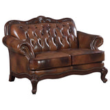 Coaster Home Furnishings - Victoria - Leather & Wood - Upholstered Loveseat with Rolled Arms, Button-Tufted Backrest, and Brass Nailheads - Living Room - Brown - 500682 Coaster Fine Furniture