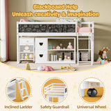 TOLEAD Low Loft Bed with Desk, Solid Wood Twin Low Loft Bed with Storage Cabinet, Blackboard, Ladder and Guardrail for Kids Juniors Boys Girls, No Box Spring Needed, White TOLEAD