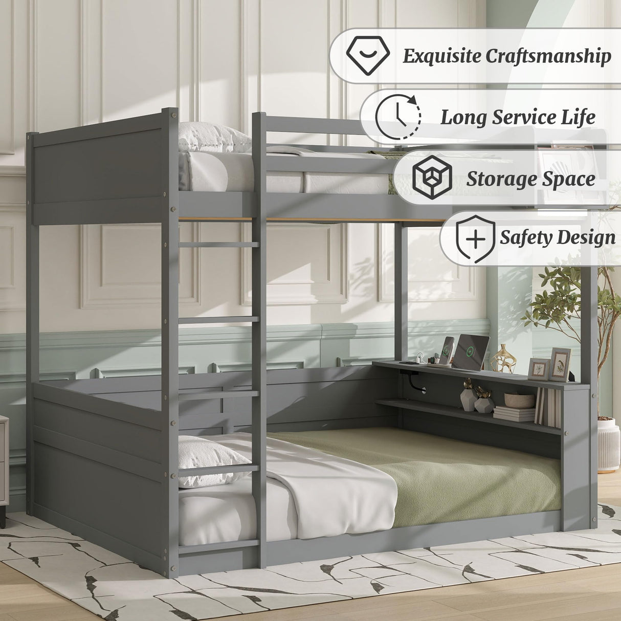 OYUMOENTS Queen Over Queen Bunk Beds for Adults, Queen Bunk Bed with Built-in Shelves & Small Bookcase, LED Light & USB Charging Station, Wooden Bed Frame with Clothes Hooks for Teens & Adults, Grey OYUMOENTS