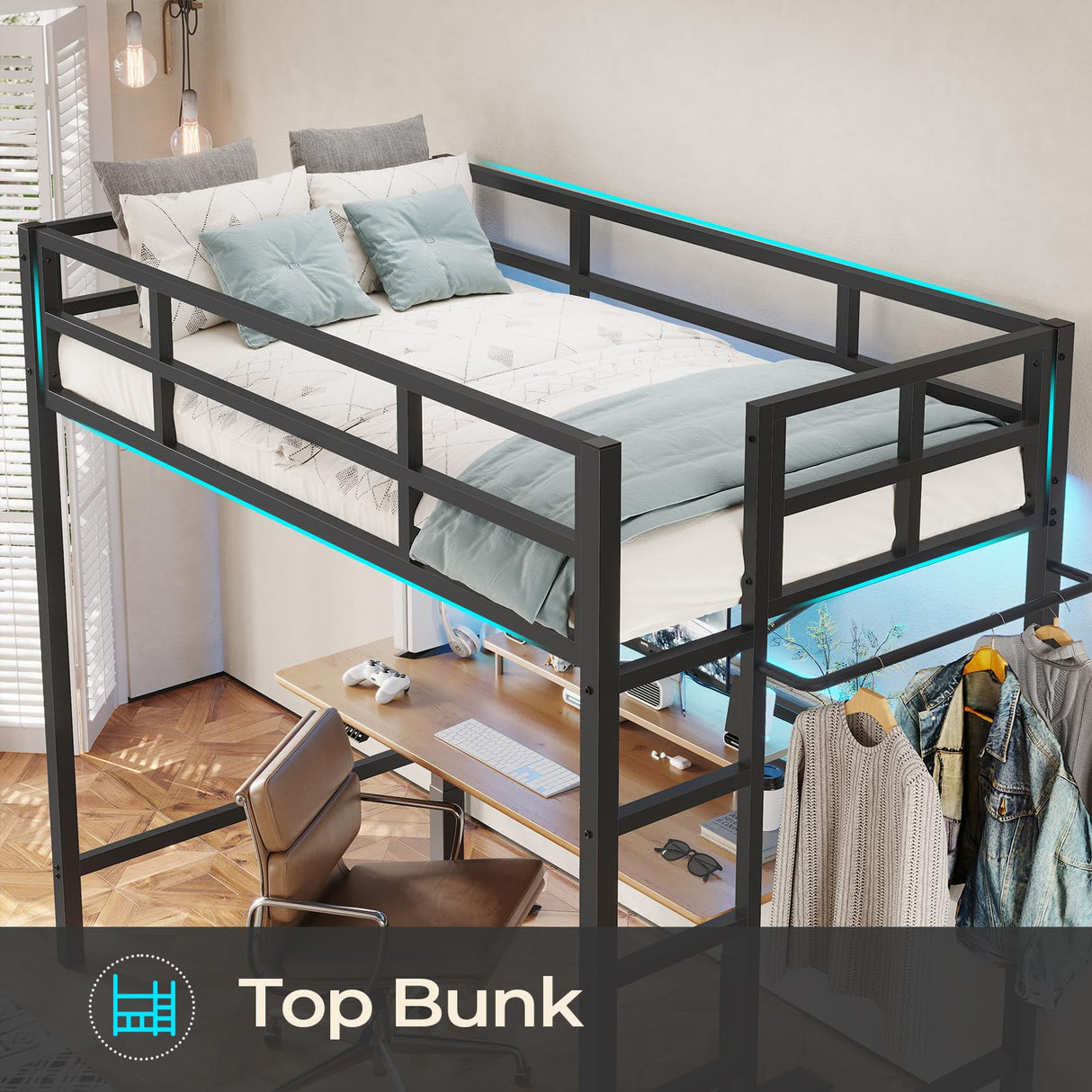 DICTAC Loft Bed Twin Size with Led Lights Metal Twin Loft Bed with Full-Length Guardrail and Ladder for Junior, Heavy Duty Metal Sltas Support,Noise-Free, Space-Saving, No Box Spring Needed, Black DICTAC