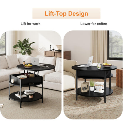 Ablefurn Black Coffee Table, 26.77” Lift Top Coffee Table with Hidden Compartment and Open Storage Shelf, 2 Tier Small Round Coffee Table Circle Central Table w/Adjustable Foot Pad for Living Room