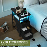 Yoobure End Table with Charging Station, LED Narrow Side Table Bedside Table, Small Night Stand End Tables Living Room, Skinny Nightstand with 3 Fabric Drawers, Side Tables Bedroom for Small Spaces Yoobure