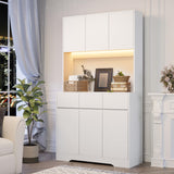 71'' Pantry Cabinet with LED Light Charging Station, kitchen storage cabinets with Microwave Stand, Freestanding Kitchen Hutch,kitchen cabinet with Open Countertop for Dining Room,Restaurant,White NUNU LAB