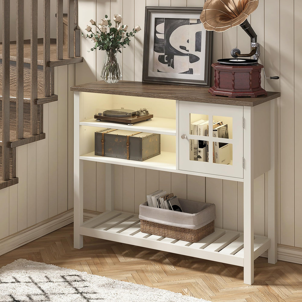 ChooChoo Farmhouse Coffee Bar Cabinet with LED, Buffet Cabinet with Storage, Sideboard Buffet Cabinet with Glass Door, Console Table for Kitchen, Hallway, Entrance, White ChooChoo