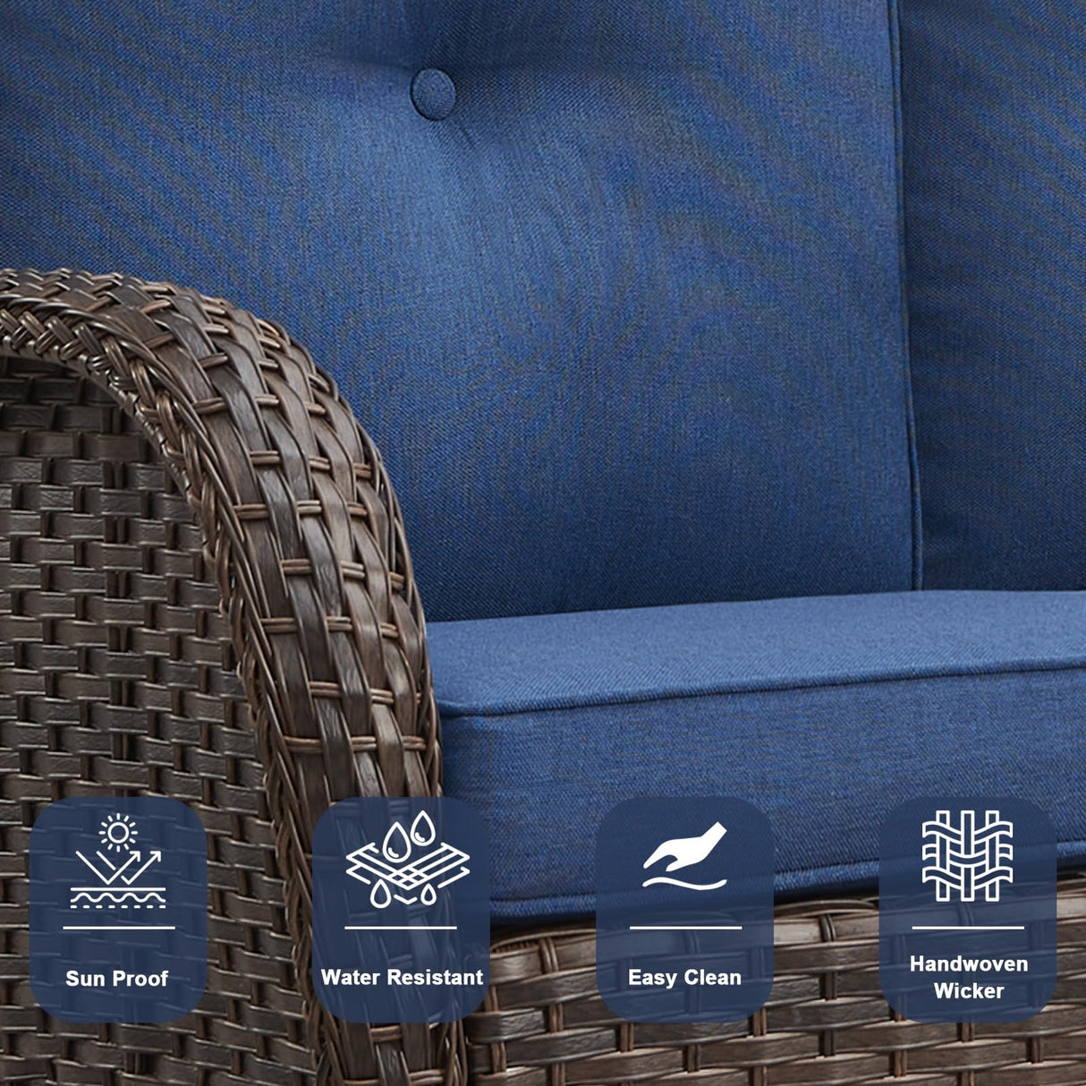 Belord Outdoor Patio Furniture - Wicker Sofa with Removable Cushion, 3 Seater Rattan Couch with Deep Seat, High Backrest, All-Weather for Balcony, Deck, Backyard, Brown/Blue Belord