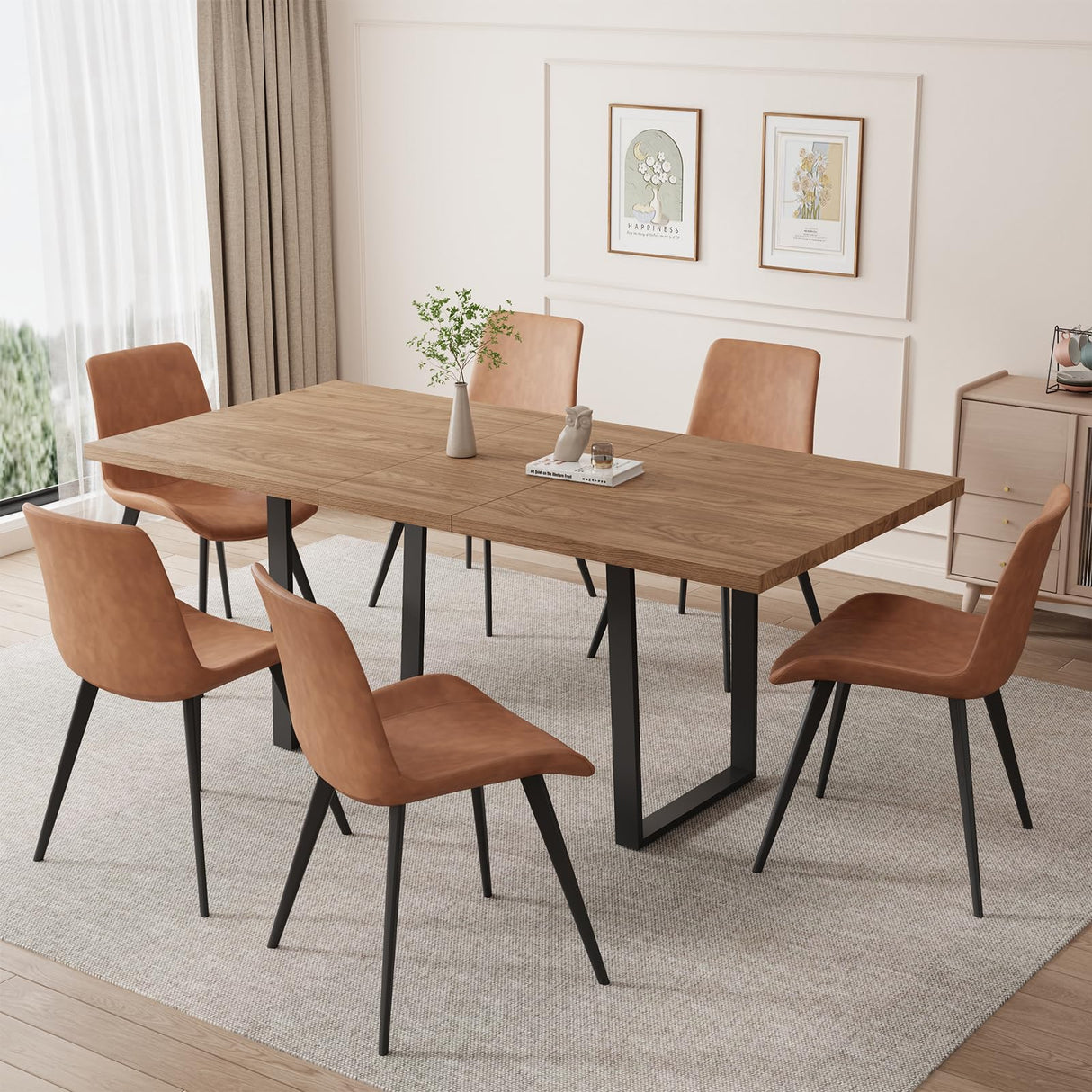ZckyCine 67" Expandable Walnut Dining Table and 6 Upholstered Chairs, 7-Piece Dining Room Furniture Set, Mid-Century Modern Style for Home, Dining Room and Kitchen ZckyCine