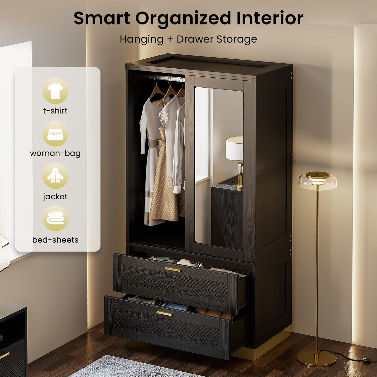 71" Modern Armoire Wardrobe Closet with Mirror, 2-Door Tall Wardrobe Closet with Sliding Doors 2 Large Drawers Hanging Rod Anti-Tip Kit Freestanding Closets for Bedroom, Apartment, Cloak Room ANCTOR