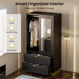 71" Modern Armoire Wardrobe Closet with Mirror, 2-Door Tall Wardrobe Closet with Sliding Doors 2 Large Drawers Hanging Rod Anti-Tip Kit Freestanding Closets for Bedroom, Apartment, Cloak Room ANCTOR