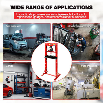 12 Ton Hydraulic Garage Press, H-Frame Hydraulic Shop Press with Adjustable Height, Garage Benchtop Press with Stamping Plates to Bend, Red - WoodArtSupply