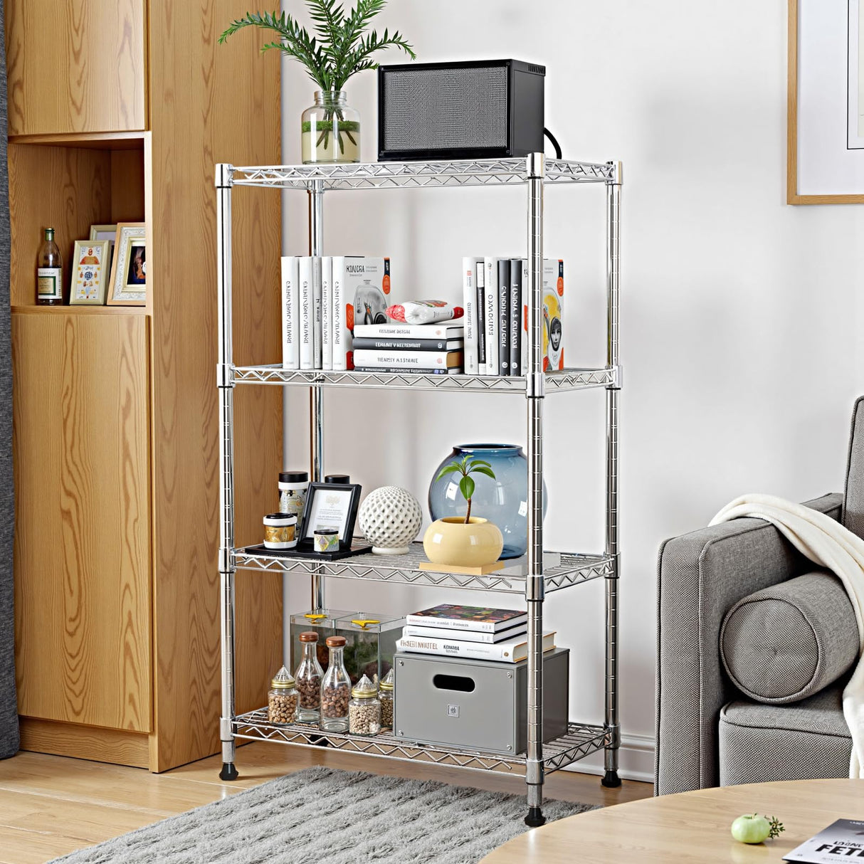 MATONELL 1000 lbs Capacity Heavy Duty 4-Tier Steel Shelving Unit - Adjustable Chrome Wire Rack Storage Shelf for Home Kitchen Office Garage Gym 13.7" D x 29.5" W x 47.2" H (Chrome) MATONELL