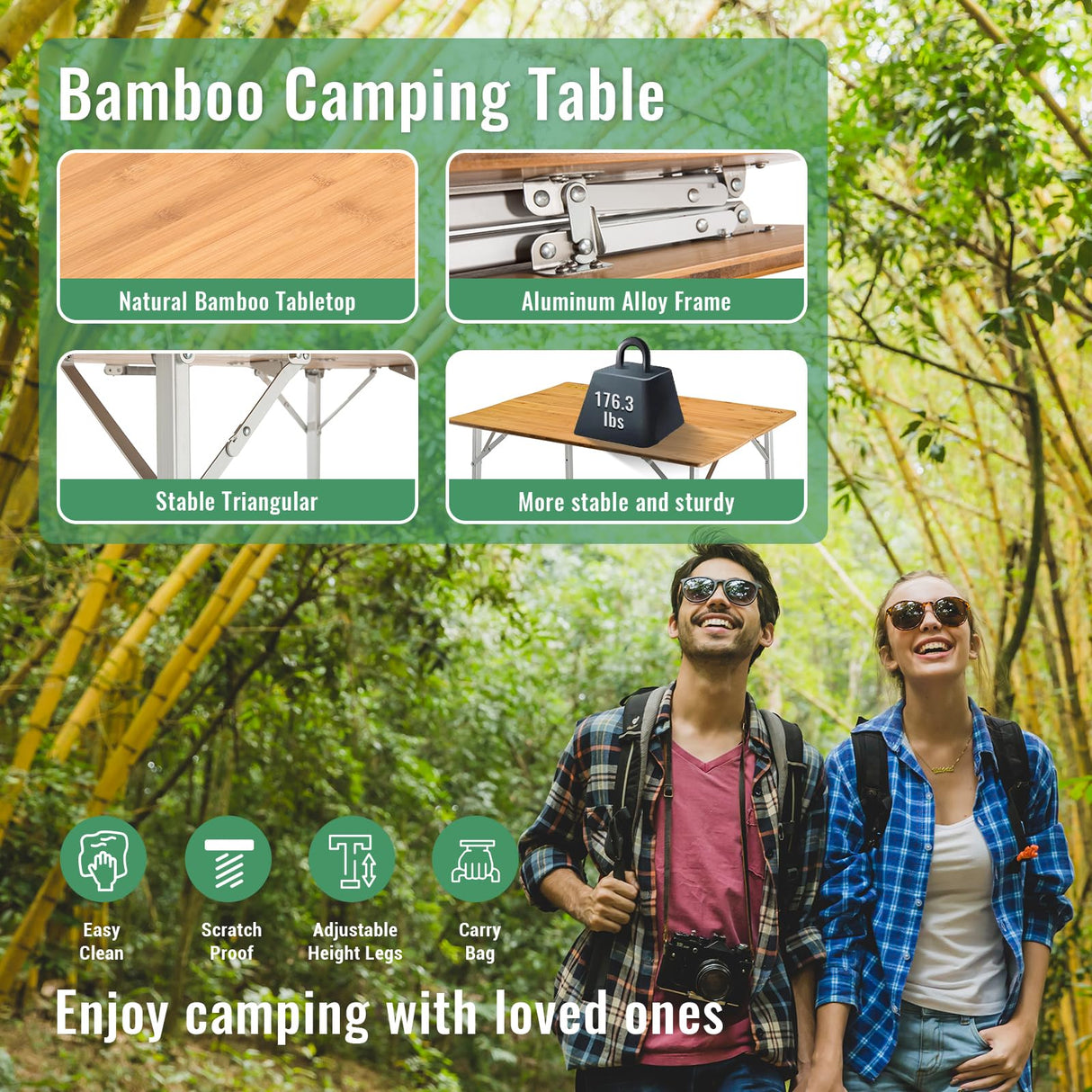KingCamp Bamboo Folding Camping Table 4 Folds Lightweight with Adjustable Height Aluminum Legs Portable Camp Tables in Carry Bag for Indoor Outdoor Picnic Beach KingCamp