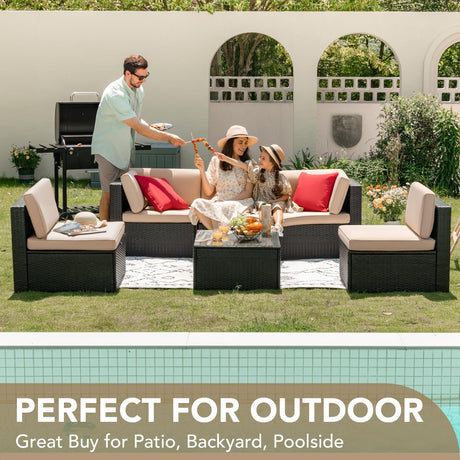 Devoko Patio Furniture Sets 6 Pieces Outdoor Sectional Rattan Sofa Manual Weaving Wicker Patio Conversation Set with Glass Table and Cushion (Beige) Devoko