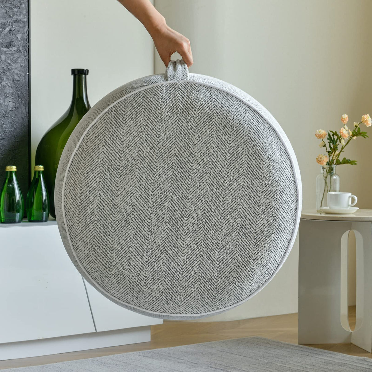 weruisi Inflatable Pouf Ottoman, 21x10 Inches Stuffed Chenille Ottoman with Inflatable PVC Liner, Foot Rest with Portable Handle, Round Floor Pillow for Living Room, Bedroom, Kids Room weruisi