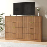 NOVAMAISON Fluted Dresser for Bedroom with 8 Drawer, 55” Wide Wooden Dresser Mid Century Chest of Drawers w/Gold Handle, Fluted Dressers TV Stand Closet Storage Organizer for Living Room, Natural Oak NOVAMAISON