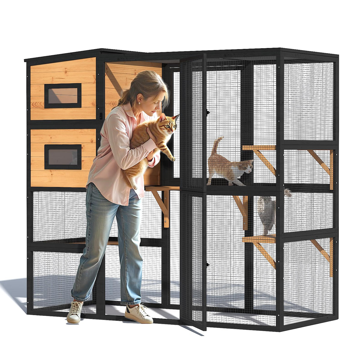 TIMHAKA Catio Outdoor Cat Enclosure, Large 4 Tiers Cat Catio Connect to Window for Outdoor Indoor Cats with Weatherproof Roof, Resting Rooms, Platforms, Large Door, 76" L x 32.9" W x 70.8" H, Black TIMHAKA