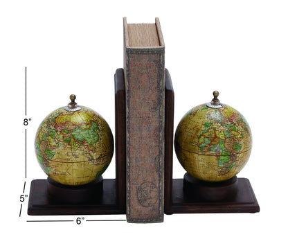 Deco 79 Rustic Mango Wood Bookends Metal Globe Book End 8" H, 6" W-38119, 8" and 8" H, Textured Multicolor Finish