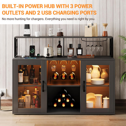 GarveeHome Bar Cabinet for Home, Liquor Cabinet with Power Outlets, Led Lights and and Glass Holder, Wine Cabinet with Storage, Wine Cabinet with Racks for Home, Kitchen Black