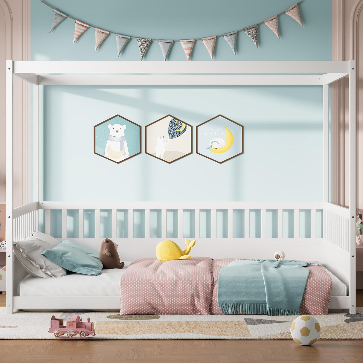 Full Size Canopy Bed Frame with 4 Posters and Guardrails, Full Size Montessori Floor Bed with High Fence, White Montessori Bed Bellemave