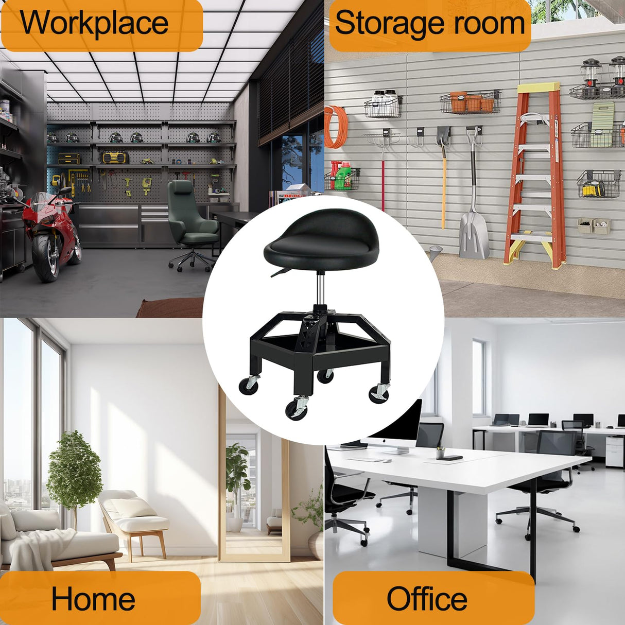 RCIACRHT Rolling Garage Shop Seat,Garage Stool with Wheels,Heavy Duty Mechanic Stool 350 Lbs Capacity Storage with Tool Tray,Lockable 360°Wheels,Adjustable Heigh Workshop Stool RCIACRHT