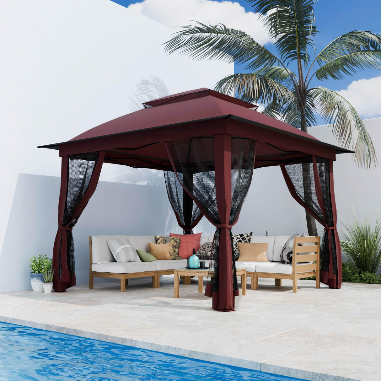 11'X11' Outdoor Gazebo, Pop Up Patio Gazebo with 4 Sidewalls Mosquito Netting, Heavy Duty Gazebo Canopy Tent with Double Air Roofs for Backyards, Patios, Decks, Gardens, Parks (Red) Yokayoay