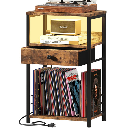 BOLUO Record Player Stand with Vinyl Storage, Turntable Stand with Charging Station and LED Light Record Player Table with Drawer for Album CD - WoodArtSupply