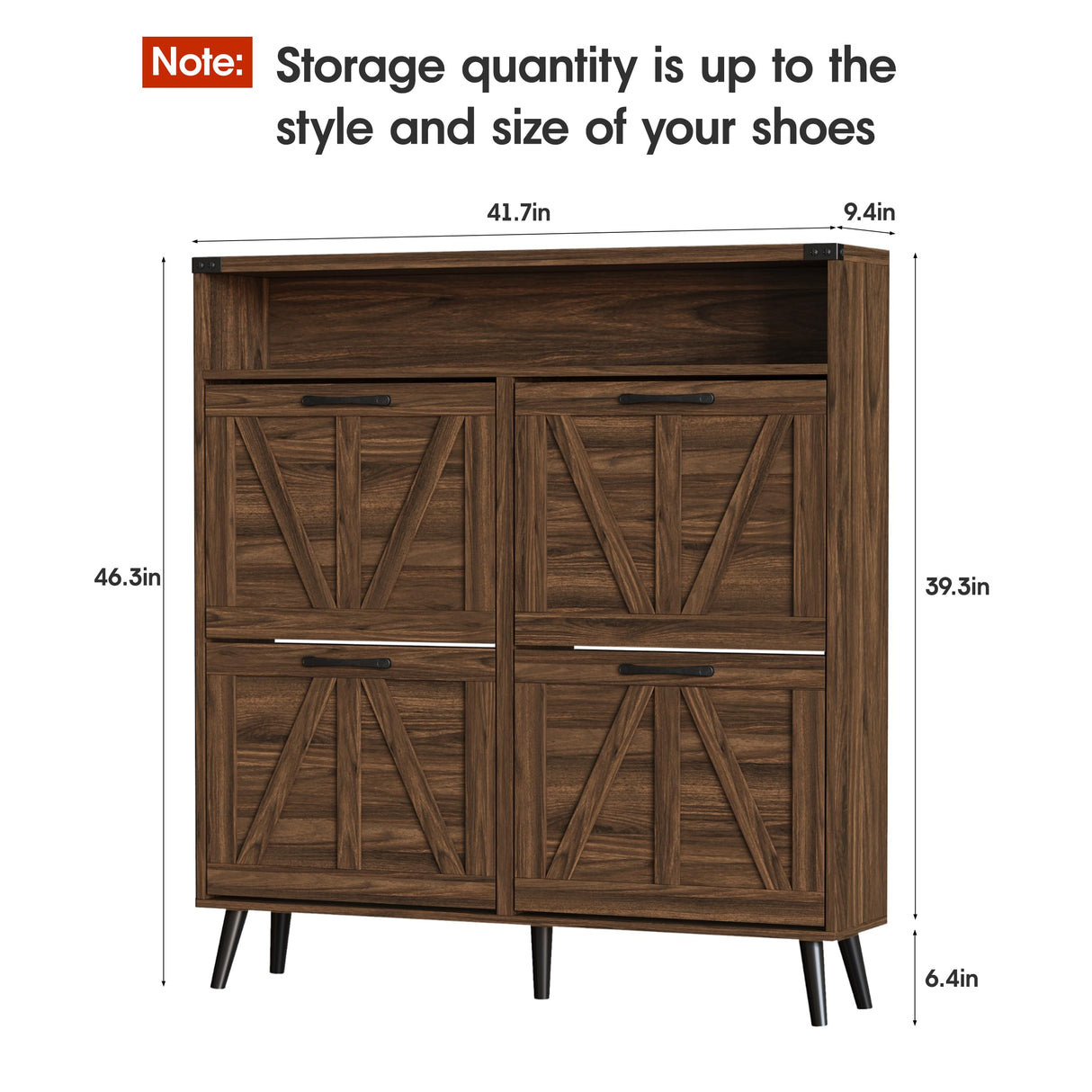 Shoe Cabinet Wtih 4 Flip Drawers,Shoe Storage Cabinet for Entryway,Freestanding Shoe Cabinet Organizer with Open Storage,Farmhouse Narrow Shoe Cabinet with Legs,Dark Walnut Halitaa