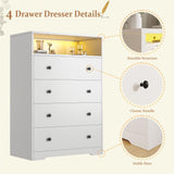 Homkdom White Dresser with LED Light, Tall Dresser with 4 Drawers & 1 Shelves, Chest of Drawers for Bedroom, Hallway, Entryway, 43.4" H x 27.6" W x15.8 D Homkdom