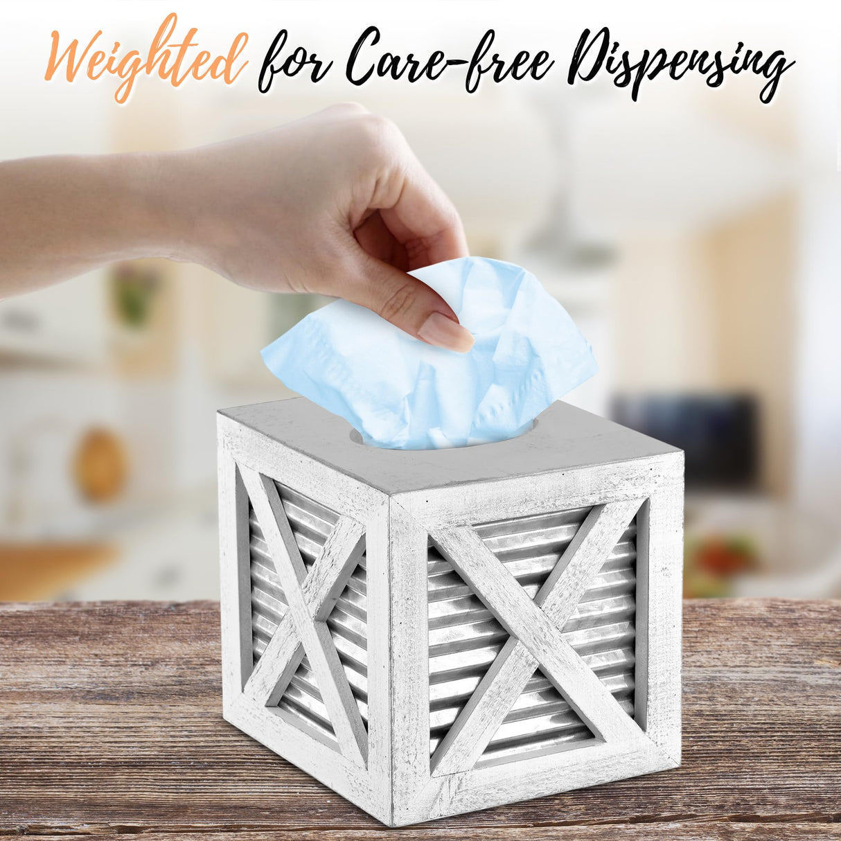 Autumn Alley Barn Door Square Farmhouse Tissue Box Cover in White and Galvanized – Farmhouse Bathroom Accessories – Rustic Bathroom Décor Tissue Holder | Wood Shabby Chic Tissue Box Cover Autumn Alley