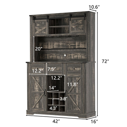 Farmhouse Coffee Bar Cabinet,72" Kitchen Hutch with Storage, Buffet Sideboard Cupboard with Adjustable Shelves, Sliding Barn Door, Wine & Glasses Rack for Kitchen, Dining Room, Dark Rustic Oa - WoodArtSupply