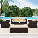 Oasishine 6 Pieces Outdoor Furniture 60000BTU Outdoor Propane Fire Pit Wicker Patio Furniture Set 45" Steel Fire Table Anti-Slip Cushions Waterproof Covers, Khaki Oasishine