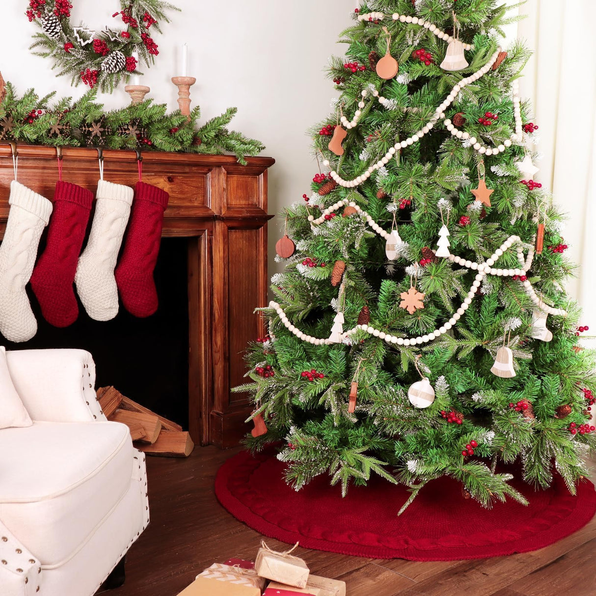 LimBridge Knitted Christmas Tree Skirt: 48 Inches Wine Red Tree Skirt, Chunky Cable Knit Thick Rustic Christmas Tree Decorations, Farmhouse Christmas Decor Xmas Holiday Home Party Decorations LimBridge