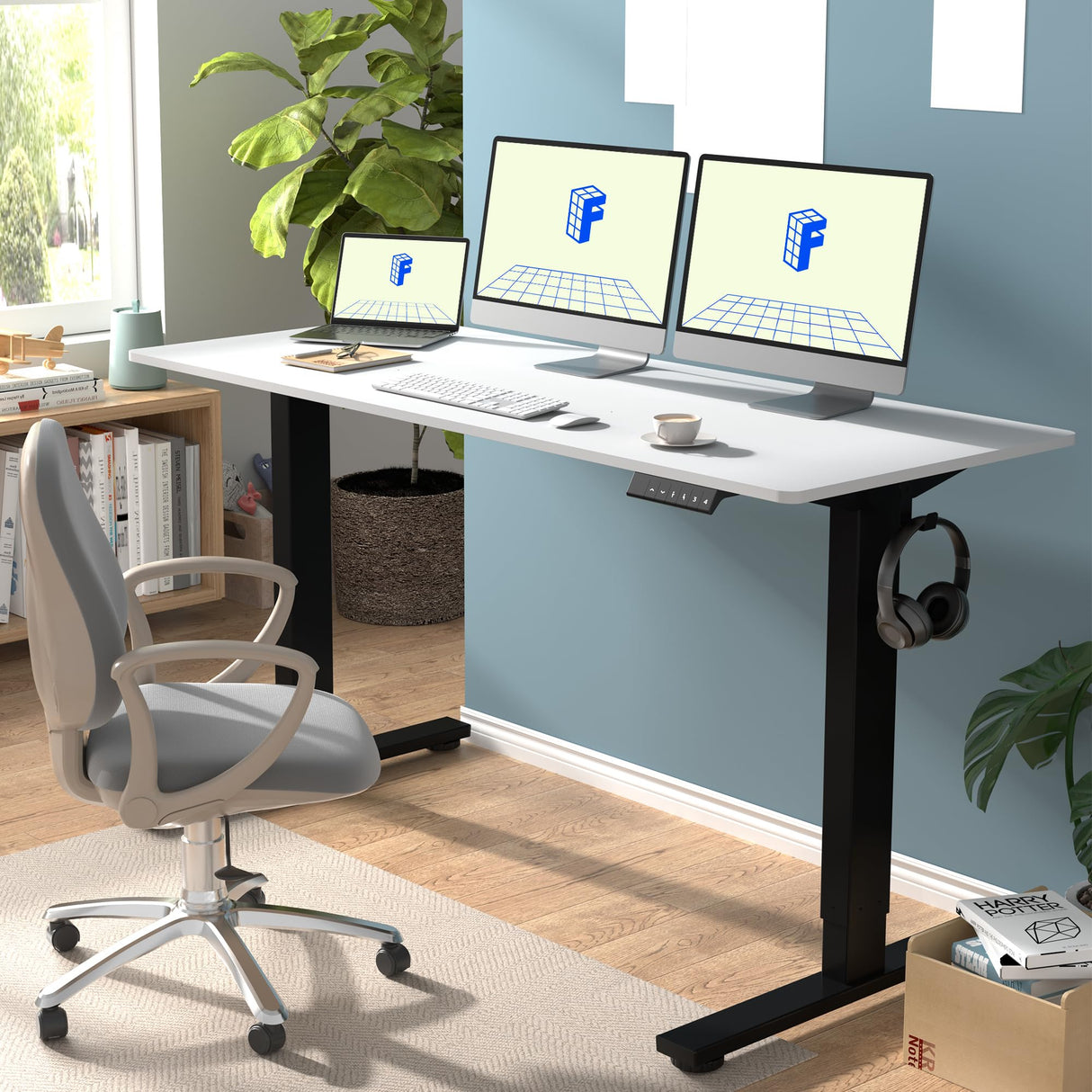 FLEXISPOT Electric Height Adjustable Standing Desk Heavy Duty Steel Stand Up Desk Frame w/Automatic Smart Keypad (Black Frame + 60 in White Top 2 Packages) FLEXISPOT