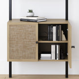 Nathan James Theo Ladder 3 tier Open Bookshelf with Rattan Drawers and Matte Steel Frame, Light Oak/Black Nathan James